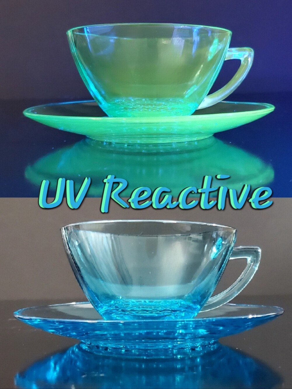 60s UV-Reactive Hobnail Turquoise Aqua Azure Blue Uranium Glass Cup & Saucer Set